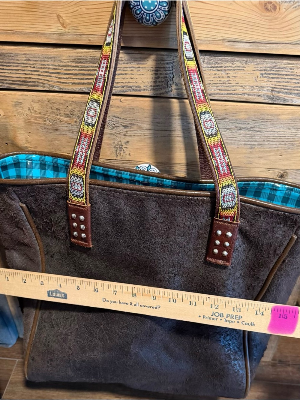 Consuela Brown Faux-Suede Tote with Colorful Beaded Straps - Picture 2 of 6